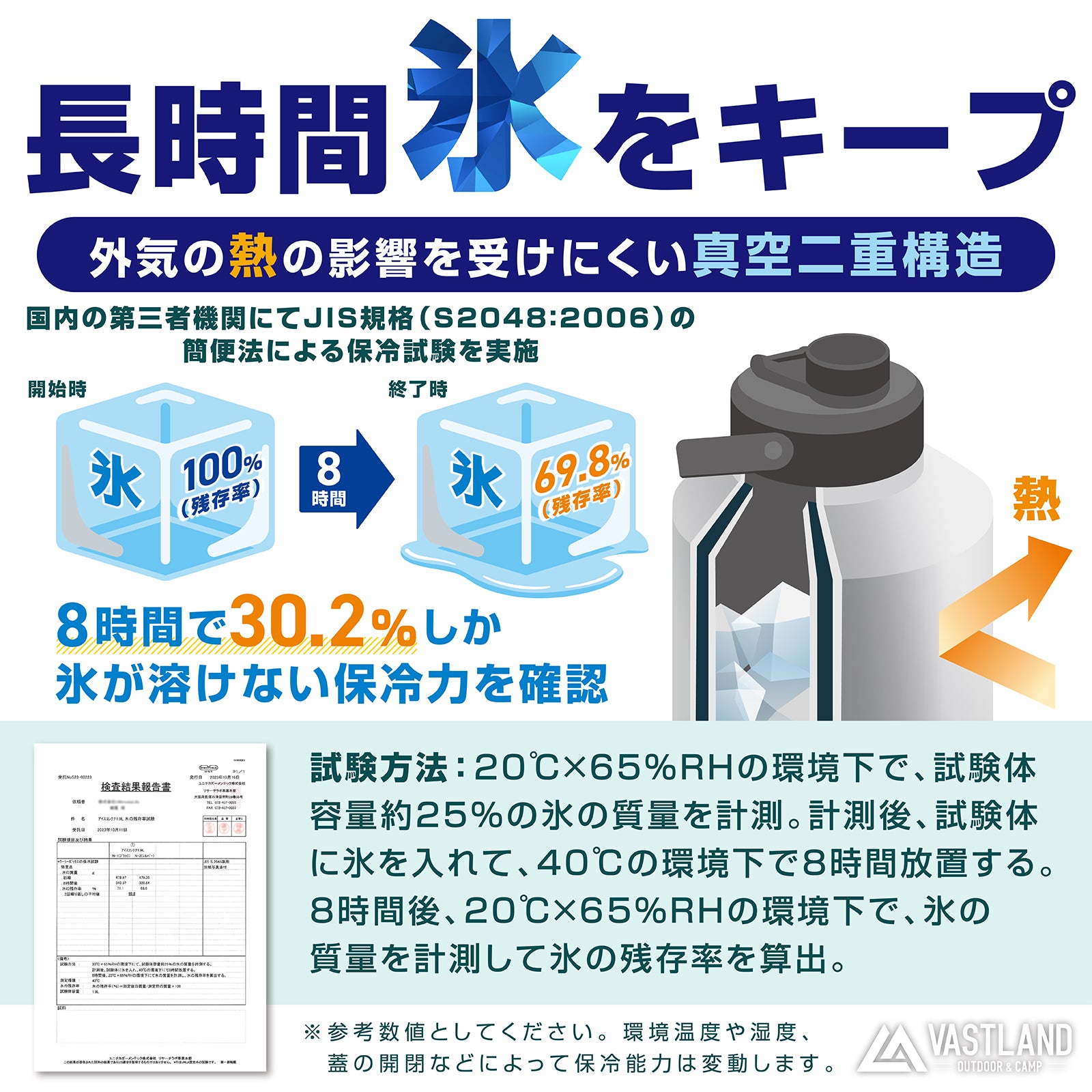 長時間氷をキープできるよう、熱の影響を受けにくい真空二重構造で設計しています。