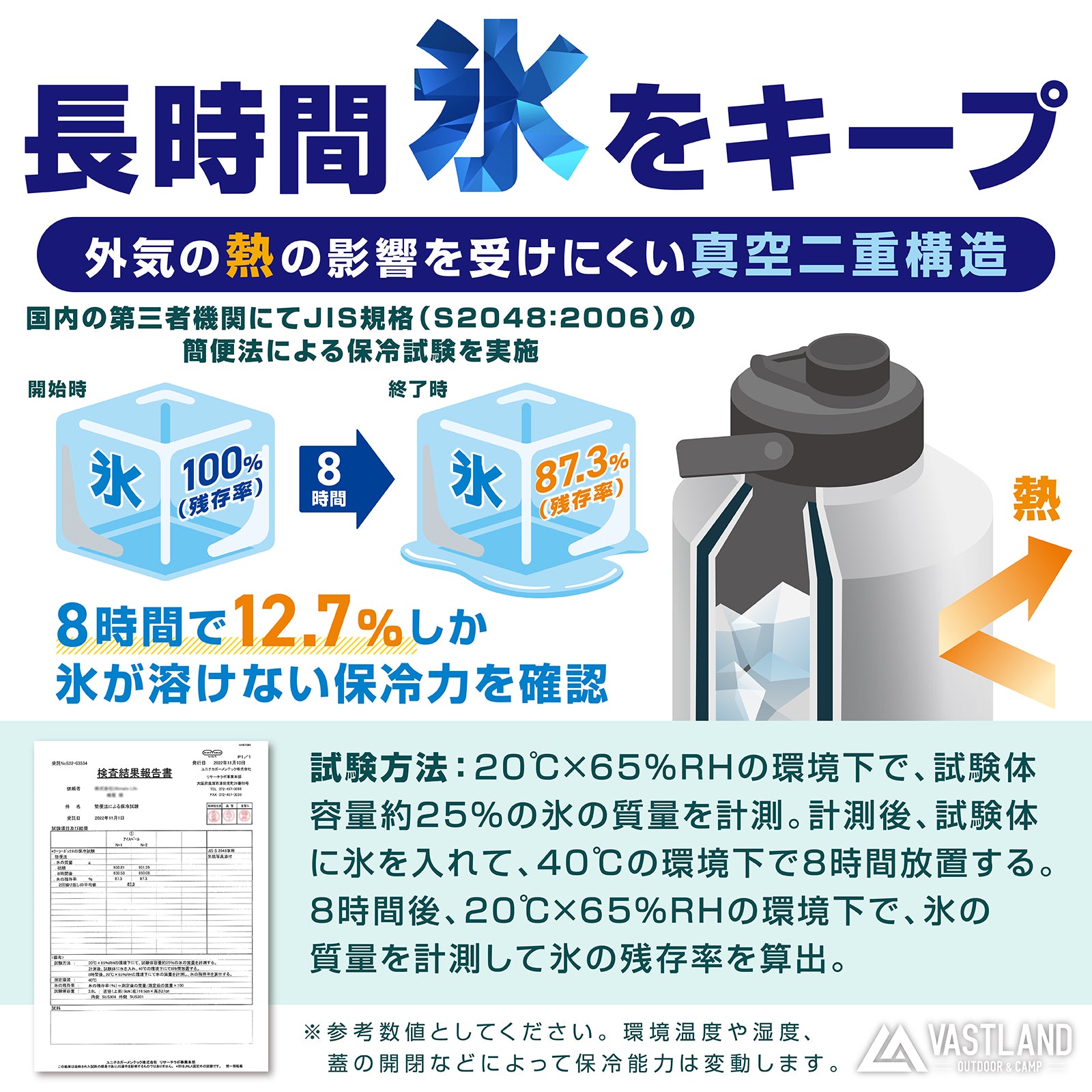 長時間氷をキープできるよう、熱の影響を受けにくい真空二重構造で設計しています。